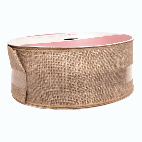 Celebrate It Wired Ribbon Christmas Wreath Tan Faux Linen Jumbo 2.5 in × 75 ft - Picture 2 of 6